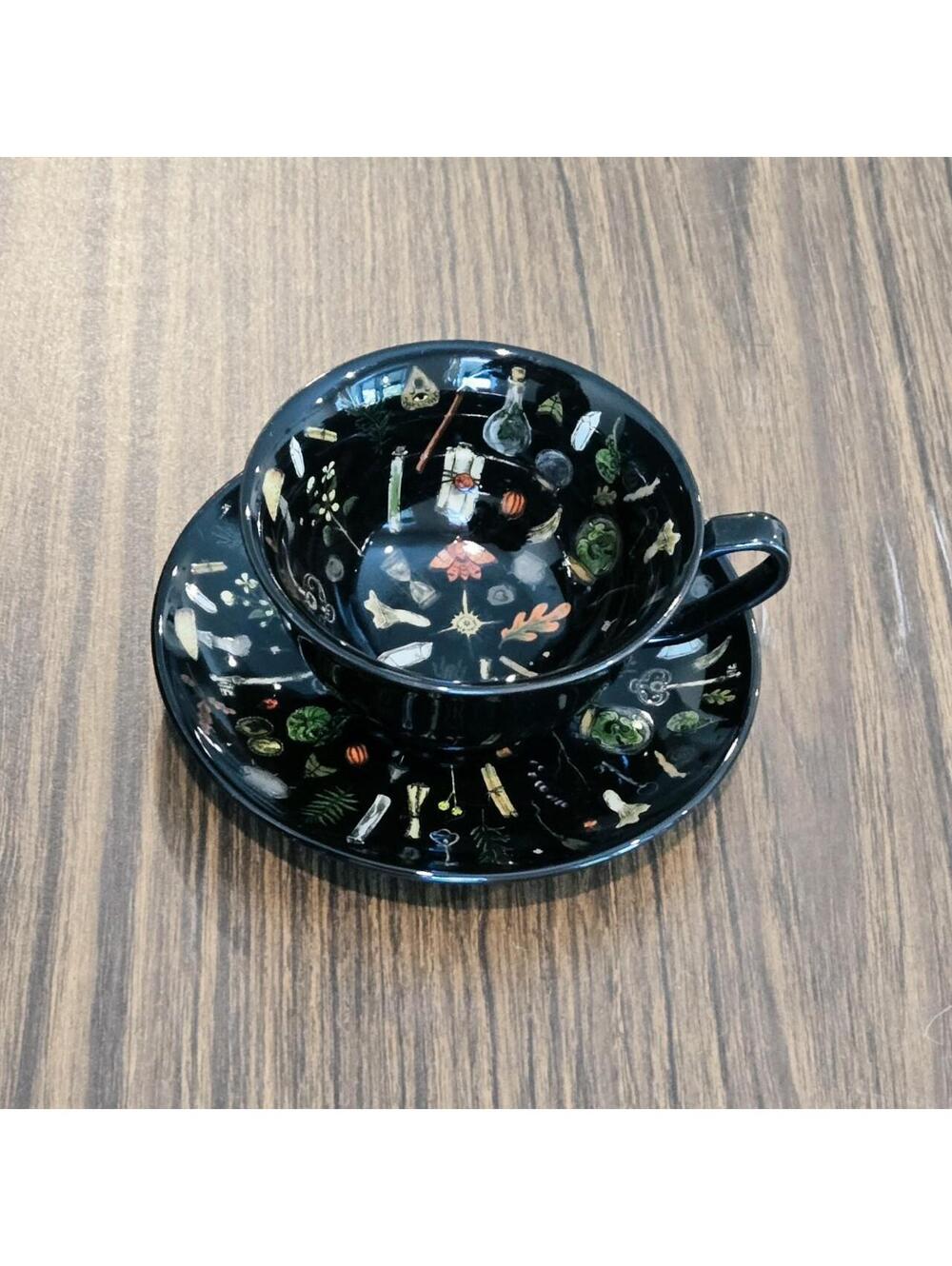 🌿 Witch Casket Exclusive Black Ceramic Teacup & Saucer Set 🍄